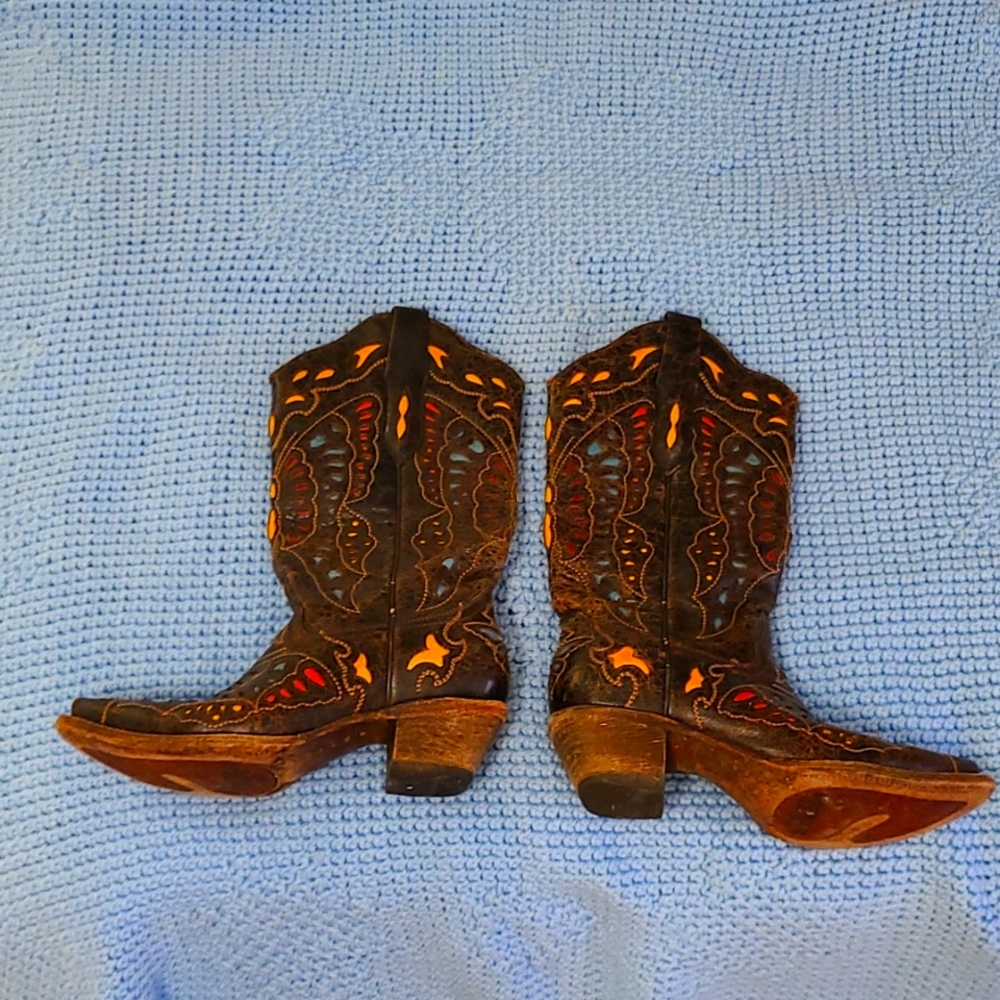 Corral leather dark brown cowboy boots with color cutouts, size 6.5